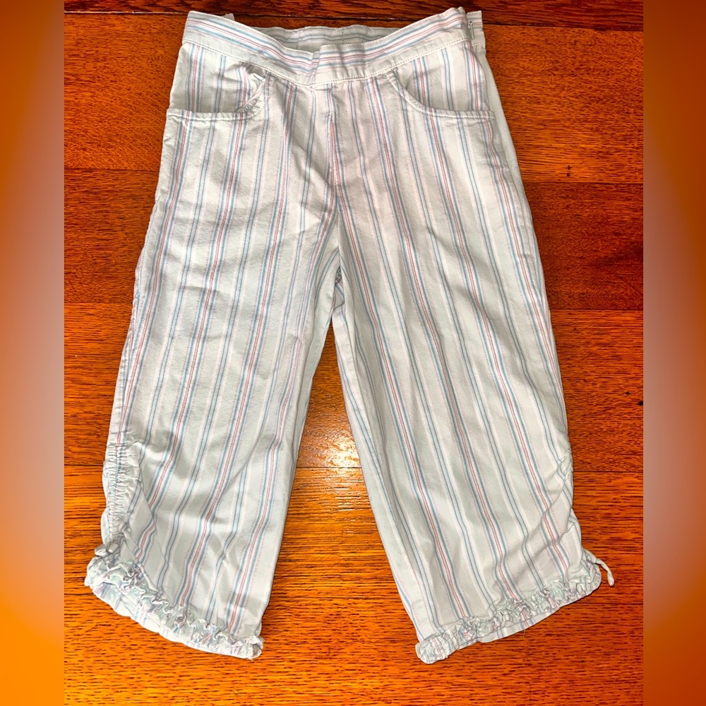 Janie & Jack girls blue pink stripe cotton pant 5T side zip ruffle hem summer